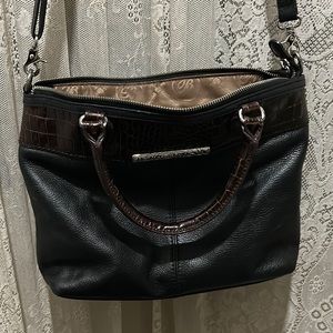 BRIGHTON-BLACK LEATHER W/BROWN FAUX ALLIGATOR 🐊 PATTERN TRIM & SILVERTONE